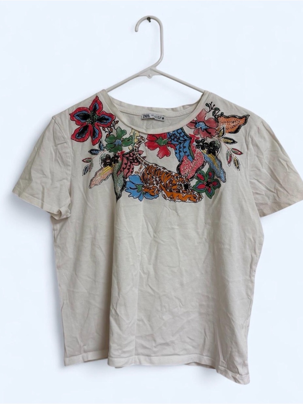 Zara Cream Short Sleeve Tee with Colorful Floral & Tiger Embroidery Print